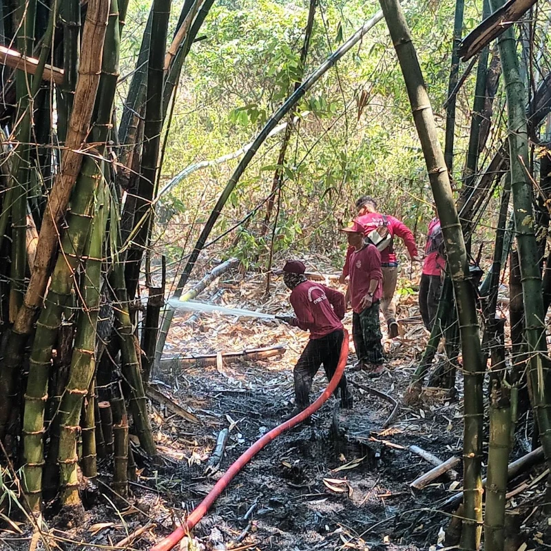 นำรถบรรทุกน้ำเข้าระงับเพลิงที่ไหม้กอไผ่บริเวณสวนยางชาวบ้านแม่ลอง หมู่ที่ 6 ตำบลดงดำ